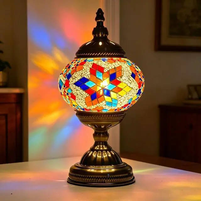 Alt view image 5 of 7 - Turkish Moroccan Table Lamp Tiffany Style Mosaic Table Lamp Glass Bedside Lamps for Bedroom Living Room Handmade Stained Glass Lamp Vintage with Bronze Base Included LED Bulb