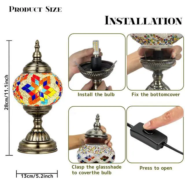 Alt view image 6 of 7 - Turkish Moroccan Table Lamp Tiffany Style Mosaic Table Lamp Glass Bedside Lamps for Bedroom Living Room Handmade Stained Glass Lamp Vintage with Bronze Base Included LED Bulb