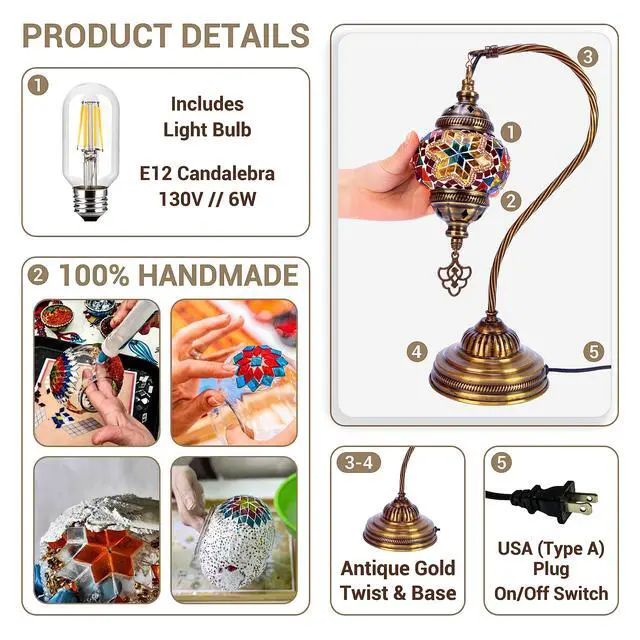 Alt view image 3 of 7 - Turkish Moroccan Mosaic Table Lamp - Tiffany Handmade Colorful Mosaic Lamp, Decorative Glass Antique Bohemian Vintage Lamp Shade, Swan Neck Bedside and Table Desk Lamp,15 ½ inch