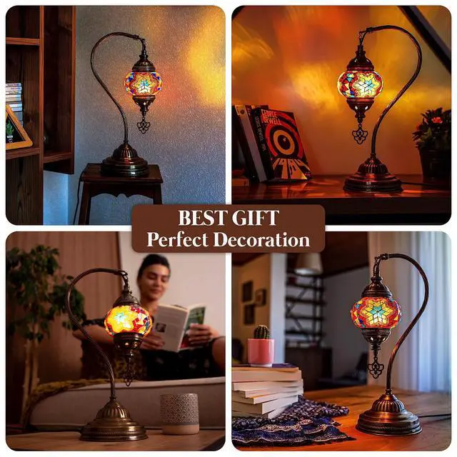Alt view image 2 of 7 - Turkish Moroccan Mosaic Table Lamp - Tiffany Handmade Colorful Mosaic Lamp, Decorative Glass Antique Bohemian Vintage Lamp Shade, Swan Neck Bedside and Table Desk Lamp,15 ½ inch