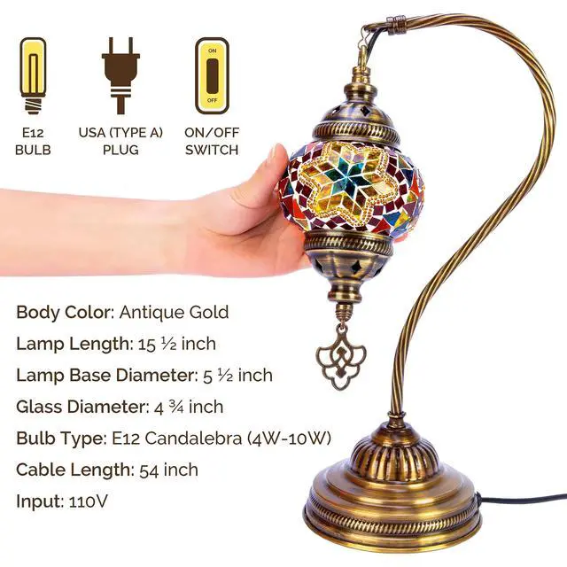 Alt view image 5 of 7 - Turkish Moroccan Mosaic Table Lamp - Tiffany Handmade Colorful Mosaic Lamp, Decorative Glass Antique Bohemian Vintage Lamp Shade, Swan Neck Bedside and Table Desk Lamp,15 ½ inch