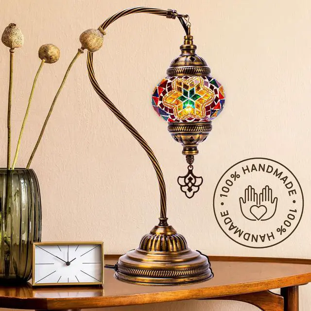 Alt view image 6 of 7 - Turkish Moroccan Mosaic Table Lamp - Tiffany Handmade Colorful Mosaic Lamp, Decorative Glass Antique Bohemian Vintage Lamp Shade, Swan Neck Bedside and Table Desk Lamp,15 ½ inch