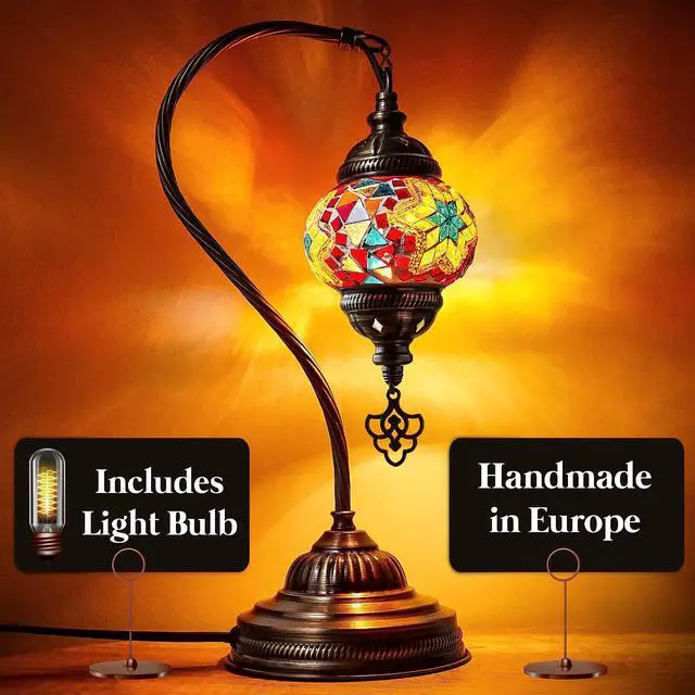 Alt view image 4 of 7 - Turkish Moroccan Mosaic Table Lamp - Tiffany Handmade Colorful Mosaic Lamp, Decorative Glass Antique Bohemian Vintage Lamp Shade, Swan Neck Bedside and Table Desk Lamp,15 ½ inch