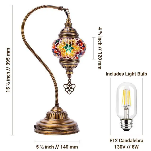 Alt view image 7 of 7 - Turkish Moroccan Mosaic Table Lamp - Tiffany Handmade Colorful Mosaic Lamp, Decorative Glass Antique Bohemian Vintage Lamp Shade, Swan Neck Bedside and Table Desk Lamp,15 ½ inch
