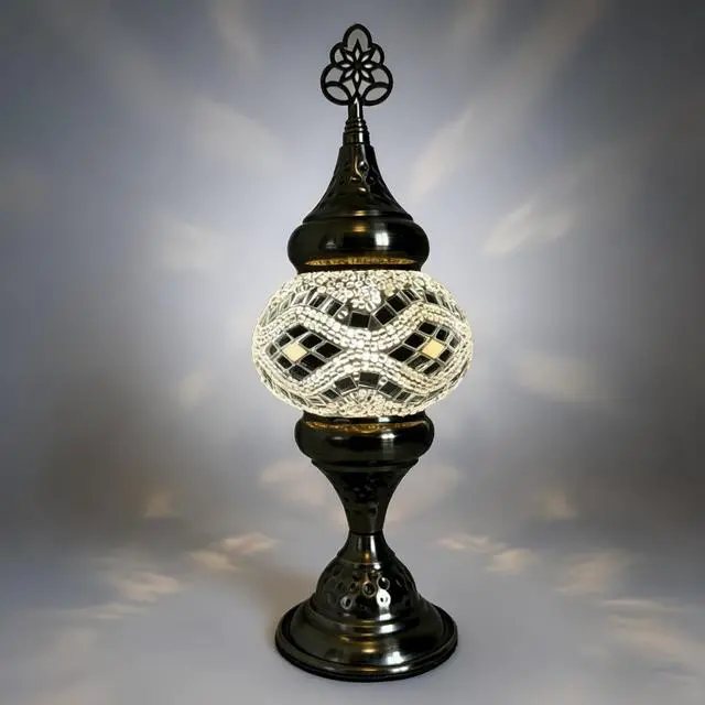 Main image of Turkish Desk Lamp with Bronze Base, Including LED Bulbs for Living Room and Bedroom Decoration, Handmade Colorful Moroccan Tiffany-Style Mosaic Glass Nightstand Lamp (White)