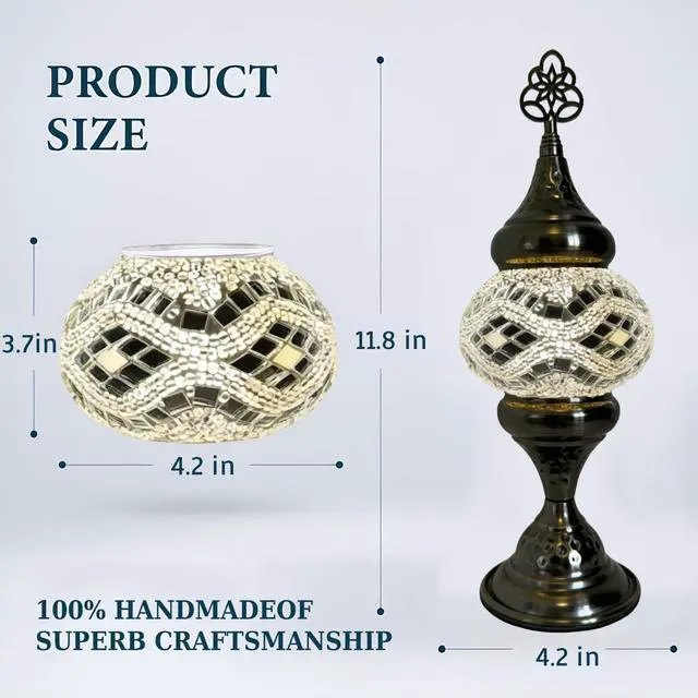 Alt view image 2 of 7 - Turkish Desk Lamp with Bronze Base, Including LED Bulbs for Living Room and Bedroom Decoration, Handmade Colorful Moroccan Tiffany-Style Mosaic Glass Nightstand Lamp (White)
