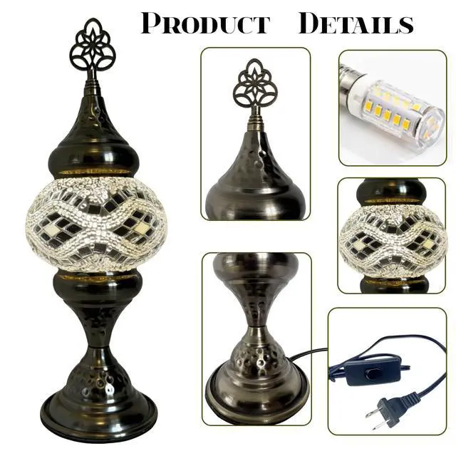 Alt view image 4 of 7 - Turkish Desk Lamp with Bronze Base, Including LED Bulbs for Living Room and Bedroom Decoration, Handmade Colorful Moroccan Tiffany-Style Mosaic Glass Nightstand Lamp (White)