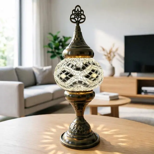 Alt view image 3 of 7 - Turkish Desk Lamp with Bronze Base, Including LED Bulbs for Living Room and Bedroom Decoration, Handmade Colorful Moroccan Tiffany-Style Mosaic Glass Nightstand Lamp (White)