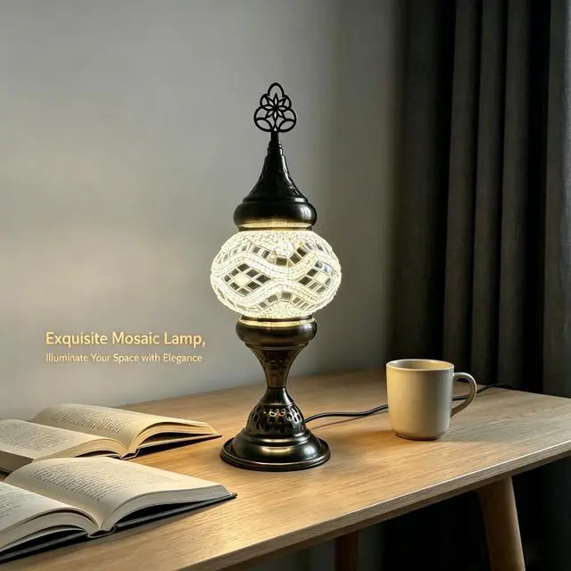 Alt view image 5 of 7 - Turkish Desk Lamp with Bronze Base, Including LED Bulbs for Living Room and Bedroom Decoration, Handmade Colorful Moroccan Tiffany-Style Mosaic Glass Nightstand Lamp (White)
