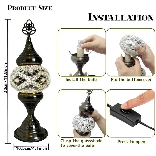 Alt view image 6 of 7 - Turkish Desk Lamp with Bronze Base, Including LED Bulbs for Living Room and Bedroom Decoration, Handmade Colorful Moroccan Tiffany-Style Mosaic Glass Nightstand Lamp (White)