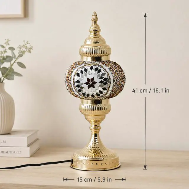 Alt view image 2 of 7 - Turkish Mosaic Table Lamp, Amber Glass Bedside Lamp with Gold Metal Base, E12 LED Bulb Included, Warm Ambient Decorative Lamp for Bedroom, Living Room, Nightstand, Home Decor Gift (Brown)