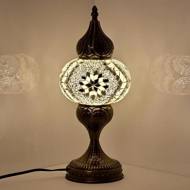 Main image of Decorative Mosaic Bedside Lamp, Turkish Moroccan Style Table Lamp with White Silver Glass Shade, E12 LED Bulb Included, Warm Ambient Lamp for Nightstand, Bedroom, Living Room (White)