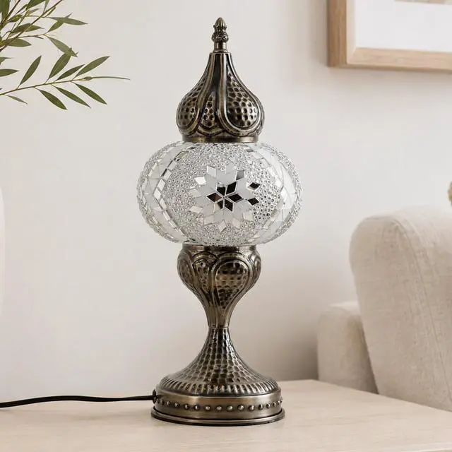 Alt view image 4 of 7 - Decorative Mosaic Bedside Lamp, Turkish Moroccan Style Table Lamp with White Silver Glass Shade, E12 LED Bulb Included, Warm Ambient Lamp for Nightstand, Bedroom, Living Room (White)