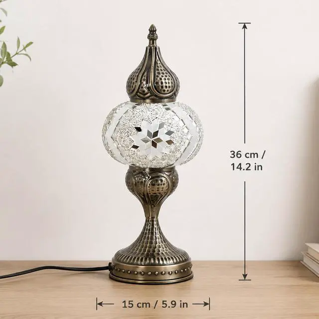 Alt view image 2 of 7 - Decorative Mosaic Bedside Lamp, Turkish Moroccan Style Table Lamp with White Silver Glass Shade, E12 LED Bulb Included, Warm Ambient Lamp for Nightstand, Bedroom, Living Room (White)