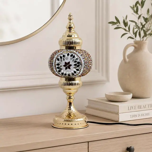 Alt view image 5 of 7 - Turkish Mosaic Table Lamp, Amber Glass Bedside Lamp with Gold Metal Base, E12 LED Bulb Included, Warm Ambient Decorative Lamp for Bedroom, Living Room, Nightstand, Home Decor Gift (Brown)