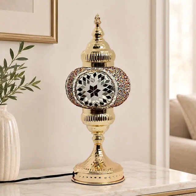 Alt view image 4 of 7 - Turkish Mosaic Table Lamp, Amber Glass Bedside Lamp with Gold Metal Base, E12 LED Bulb Included, Warm Ambient Decorative Lamp for Bedroom, Living Room, Nightstand, Home Decor Gift (Brown)