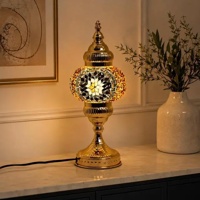 Alt view image 6 of 7 - Turkish Mosaic Table Lamp, Amber Glass Bedside Lamp with Gold Metal Base, E12 LED Bulb Included, Warm Ambient Decorative Lamp for Bedroom, Living Room, Nightstand, Home Decor Gift (Brown)