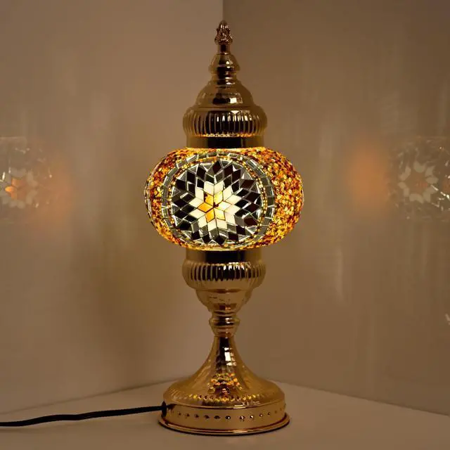 Main image of Turkish Mosaic Table Lamp, Amber Glass Bedside Lamp with Gold Metal Base, E12 LED Bulb Included, Warm Ambient Decorative Lamp for Bedroom, Living Room, Nightstand, Home Decor Gift (Brown)