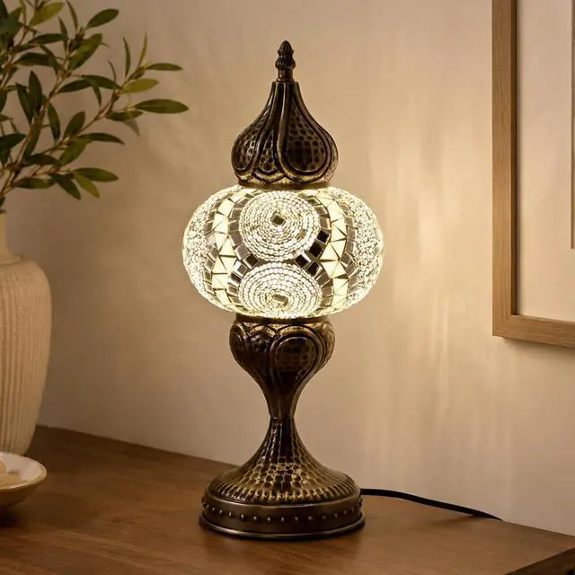 Alt view image 7 of 7 - Decorative Mosaic Bedside Lamp, Turkish Moroccan Style Table Lamp with White Silver Glass Shade, E12 LED Bulb Included, Warm Ambient Lamp for Nightstand, Bedroom, Living Room (White)