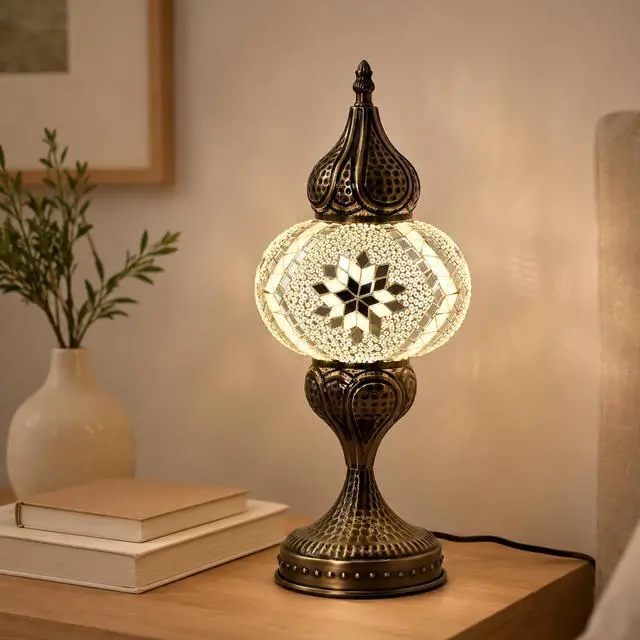 Alt view image 5 of 7 - Decorative Mosaic Bedside Lamp, Turkish Moroccan Style Table Lamp with White Silver Glass Shade, E12 LED Bulb Included, Warm Ambient Lamp for Nightstand, Bedroom, Living Room (White)