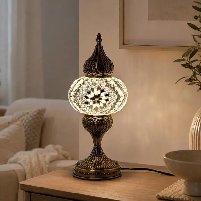Alt view image 6 of 7 - Decorative Mosaic Bedside Lamp, Turkish Moroccan Style Table Lamp with White Silver Glass Shade, E12 LED Bulb Included, Warm Ambient Lamp for Nightstand, Bedroom, Living Room (White)