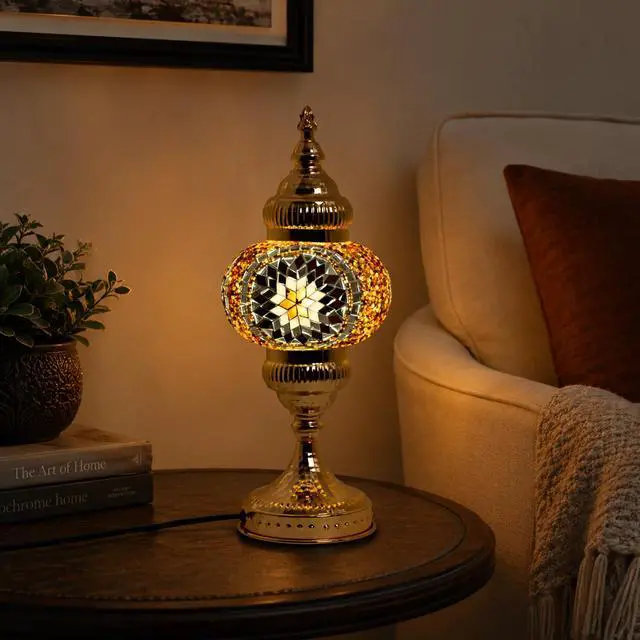 Alt view image 7 of 7 - Turkish Mosaic Table Lamp, Amber Glass Bedside Lamp with Gold Metal Base, E12 LED Bulb Included, Warm Ambient Decorative Lamp for Bedroom, Living Room, Nightstand, Home Decor Gift (Brown)