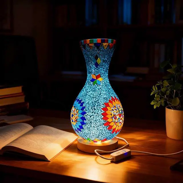 Alt view image 2 of 7 - Turkish Mosaic Table Lamp Moroccan Style Colorful Handmade Glass Vase USB Power Tiffany Mosaic Table Night Light for Bedroom Living Room Decor Colorful5.11in*11in