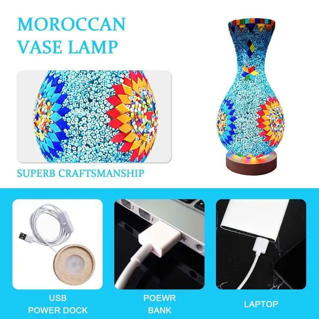 Alt view image 4 of 7 - Turkish Mosaic Table Lamp Moroccan Style Colorful Handmade Glass Vase USB Power Tiffany Mosaic Table Night Light for Bedroom Living Room Decor Colorful5.11in*11in
