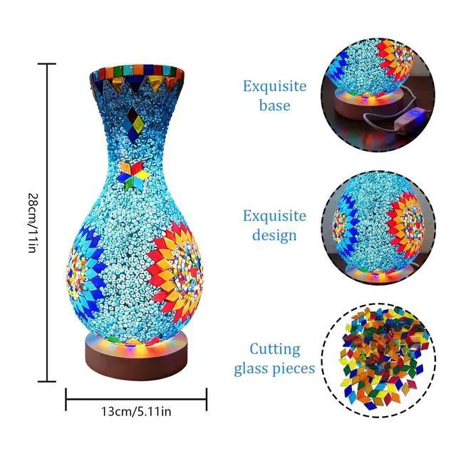 Alt view image 3 of 7 - Turkish Mosaic Table Lamp Moroccan Style Colorful Handmade Glass Vase USB Power Tiffany Mosaic Table Night Light for Bedroom Living Room Decor Colorful5.11in*11in