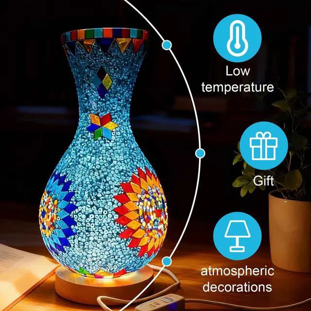 Alt view image 7 of 7 - Turkish Mosaic Table Lamp Moroccan Style Colorful Handmade Glass Vase USB Power Tiffany Mosaic Table Night Light for Bedroom Living Room Decor Colorful5.11in*11in