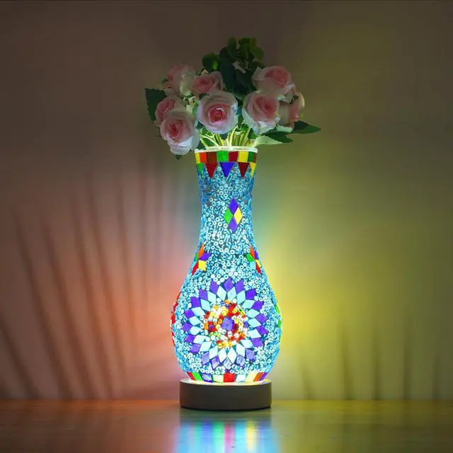 Main image of Mosaic Vase Lamp, Turkish Table Lamp with Wood Base, USB LED