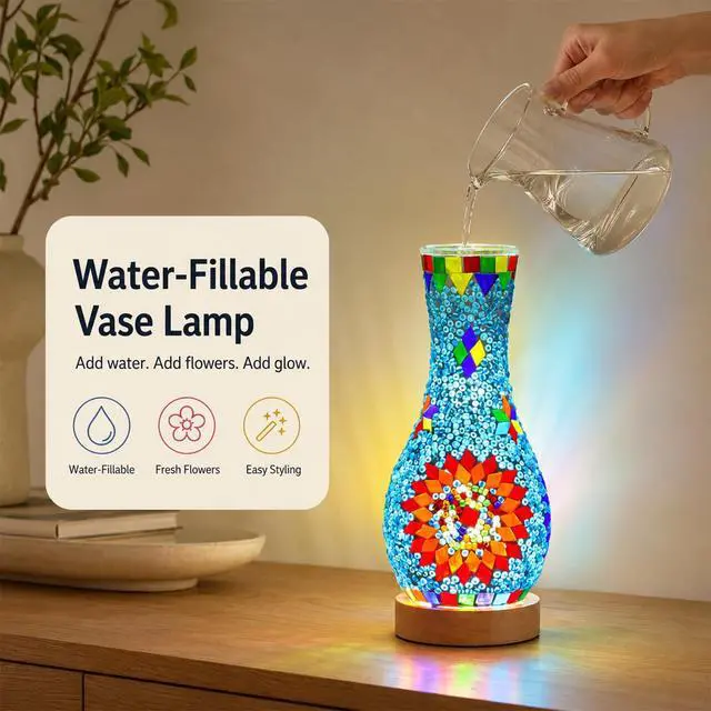 Alt view image 3 of 7 - Mosaic Vase Lamp, Turkish Table Lamp with Wood Base, USB LED