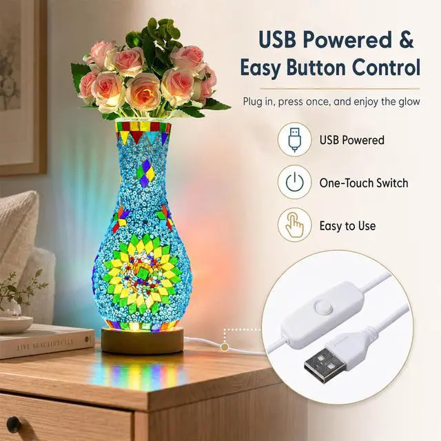 Alt view image 5 of 7 - Mosaic Vase Lamp, Turkish Table Lamp with Wood Base, USB LED