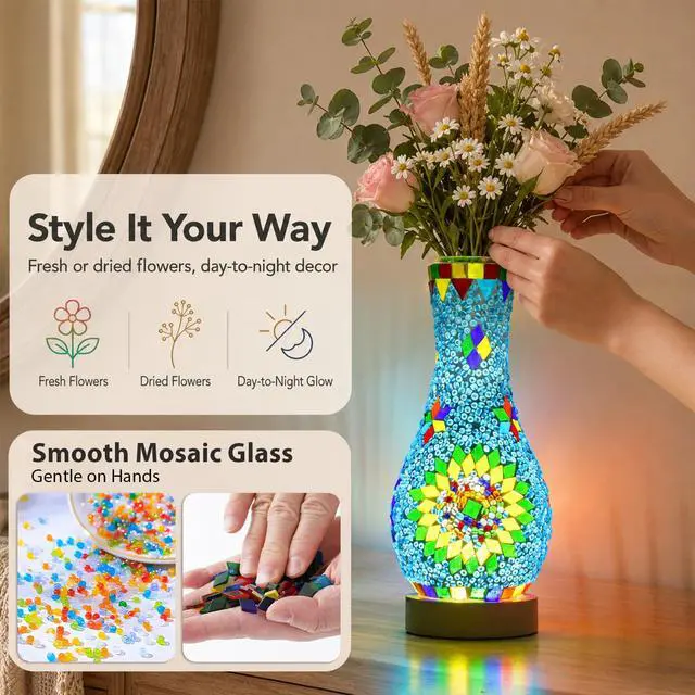 Alt view image 4 of 7 - Mosaic Vase Lamp, Turkish Table Lamp with Wood Base, USB LED