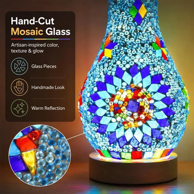 Alt view image 6 of 7 - Mosaic Vase Lamp, Turkish Table Lamp with Wood Base, USB LED