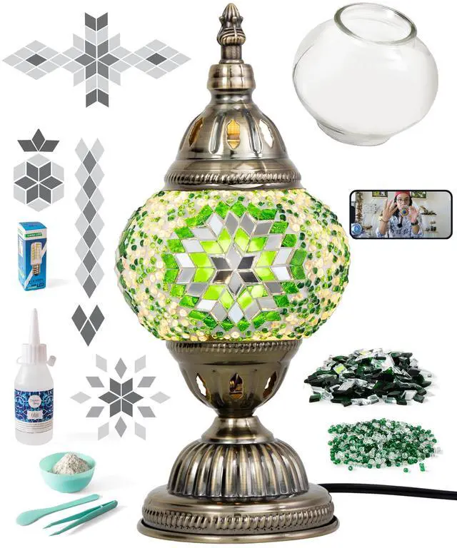 Main image of Turkish Mosaic Lamp Kit DIY Glass Decorative Table Bedside Night Light Tabletop for Living Room Bedroom | Make Your Own Lamp | Antique Bronze Base (Green)