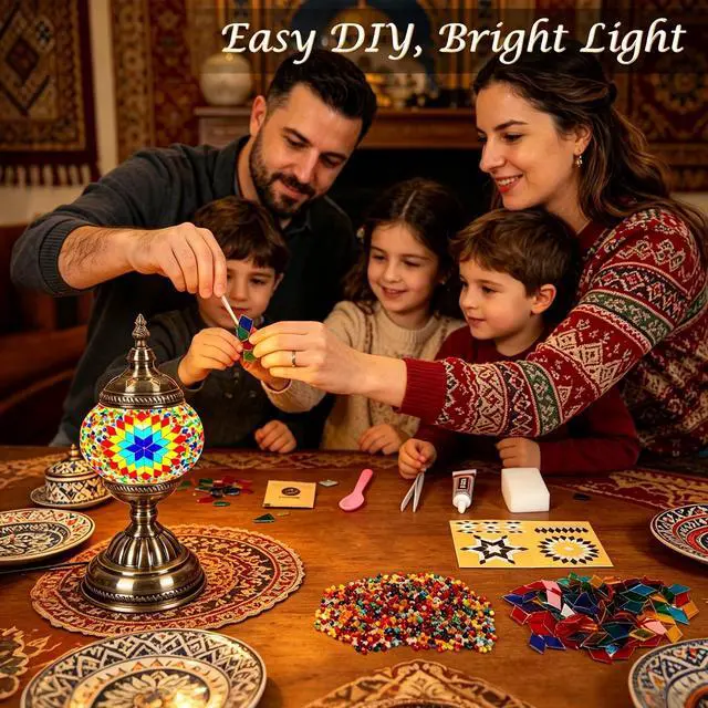 Alt view image 7 of 7 - DIY Turkish Mosaic Lamp Kit, Stained Glass Table Lamp Making Kit - Fun, Easy, No Experience Required, Complete Mosaic Art & Craft Project Kit for Adults & Teens, Make Your Own Table Lamp (Multicolor)