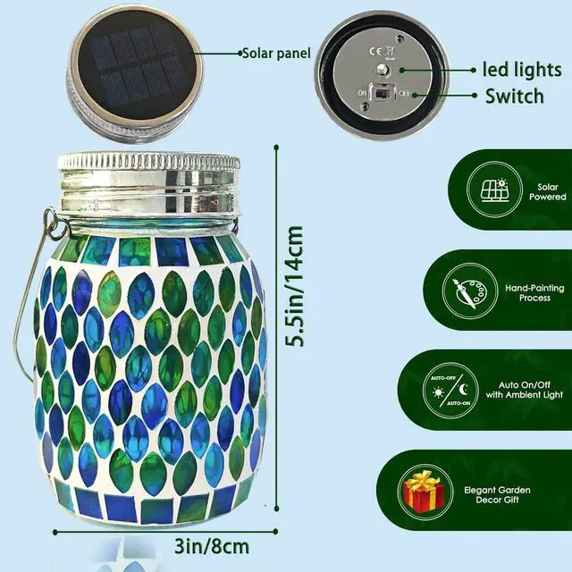 Alt view image 5 of 7 - Solar Mosaic Glass Solar Hanging Lantern, Waterproof Outdoor Garden Light