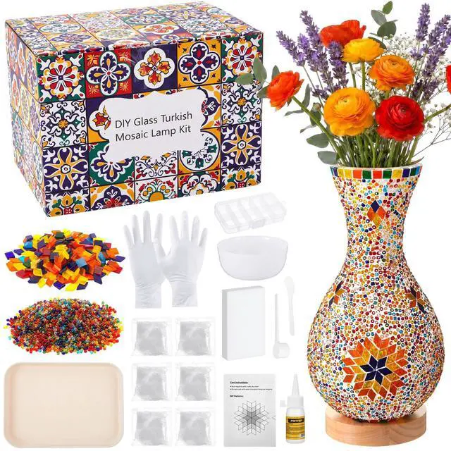 Main image of Turkish Mosaic Lamp Kit DIY Mosaic Vase Lamp Colorful Handmade Glass Vase with Wood Base for Flowers Moroccan Table Bedside Light Craft Kits for Living Room Decorations