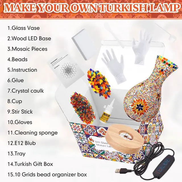 Alt view image 3 of 6 - Turkish Mosaic Lamp Kit DIY Mosaic Vase Lamp Colorful Handmade Glass Vase with Wood Base for Flowers Moroccan Table Bedside Light Craft Kits for Living Room Decorations