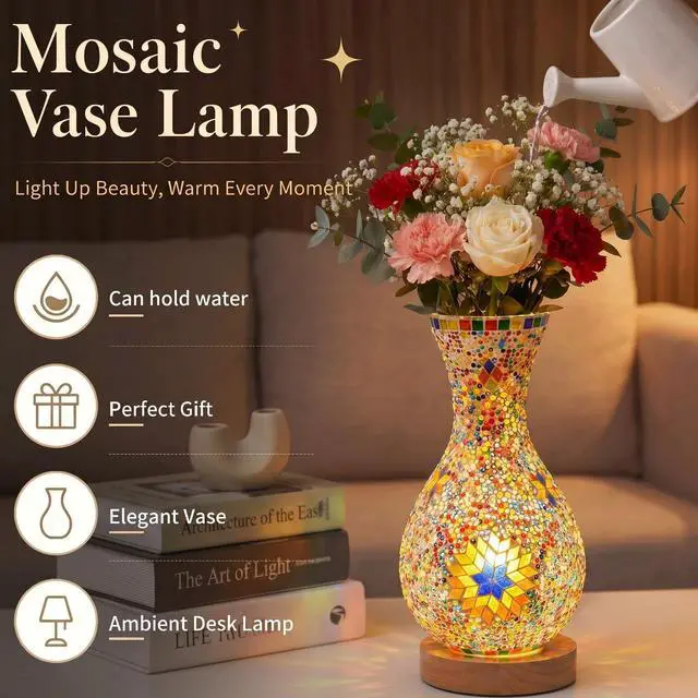 Alt view image 5 of 6 - Turkish Mosaic Lamp Kit DIY Mosaic Vase Lamp Colorful Handmade Glass Vase with Wood Base for Flowers Moroccan Table Bedside Light Craft Kits for Living Room Decorations