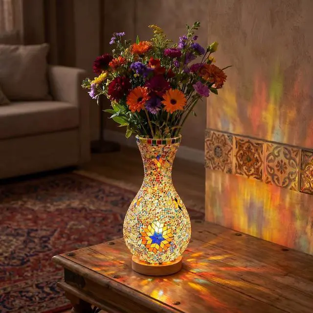 Alt view image 4 of 6 - Turkish Mosaic Lamp Kit DIY Mosaic Vase Lamp Colorful Handmade Glass Vase with Wood Base for Flowers Moroccan Table Bedside Light Craft Kits for Living Room Decorations