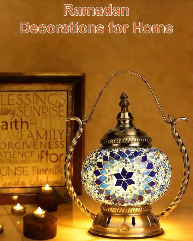Alt view image 2 of 7 - Turkish Mosaic Table Lamp - Stained Glass Lamp with Handle Tiffany Style