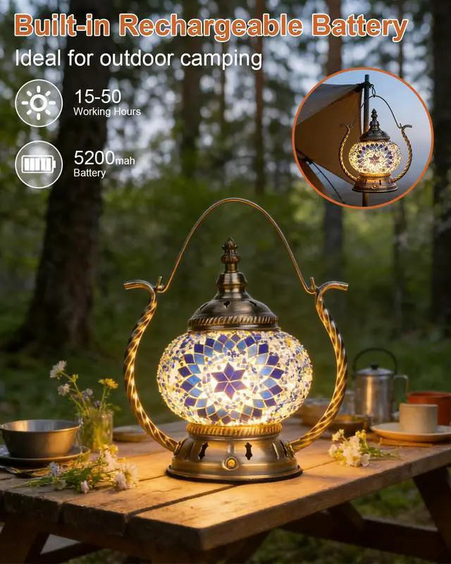 Alt view image 4 of 7 - Turkish Mosaic Table Lamp - Stained Glass Lamp with Handle Tiffany Style