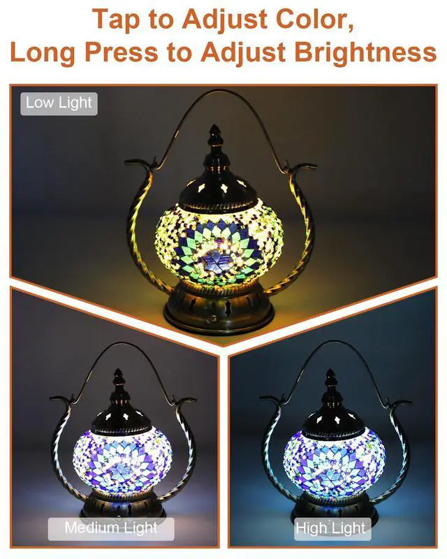 Alt view image 5 of 7 - Turkish Mosaic Table Lamp - Stained Glass Lamp with Handle Tiffany Style