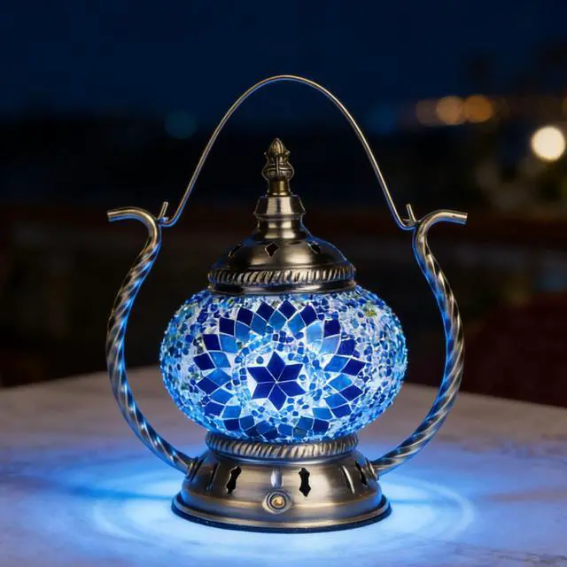 Main image of Turkish Mosaic Table Lamp - Stained Glass Lamp with Handle Tiffany Style