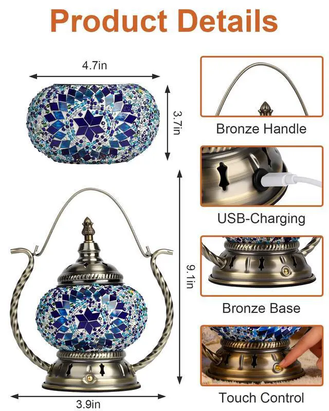 Alt view image 3 of 7 - Turkish Mosaic Table Lamp - Stained Glass Lamp with Handle Tiffany Style