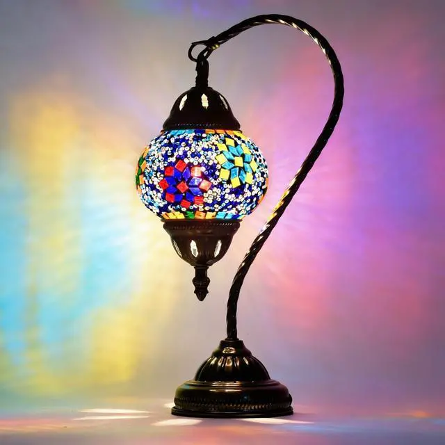 Main image of Vintage Turkish Lamp Stained Glass Table Lamp, Handmade Turkish Moroccan Mosaic Lamp with Bronze Swan Neck Base, LED Bulb Included, Bedside Decor for Bedroom