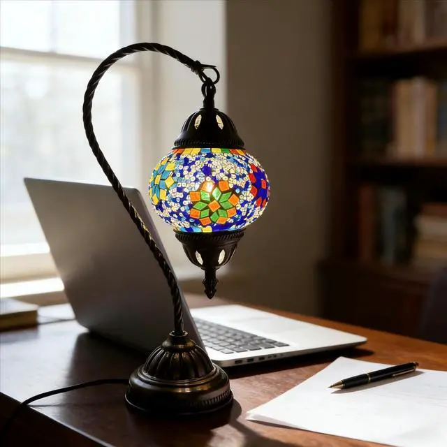 Alt view image 3 of 7 - Vintage Turkish Lamp Stained Glass Table Lamp, Handmade Turkish Moroccan Mosaic Lamp with Bronze Swan Neck Base, LED Bulb Included, Bedside Decor for Bedroom