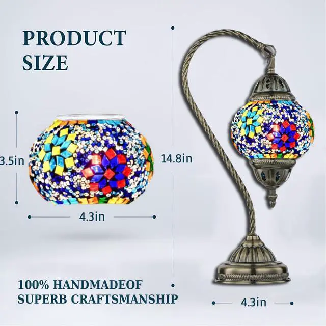 Alt view image 2 of 7 - Vintage Turkish Lamp Stained Glass Table Lamp, Handmade Turkish Moroccan Mosaic Lamp with Bronze Swan Neck Base, LED Bulb Included, Bedside Decor for Bedroom